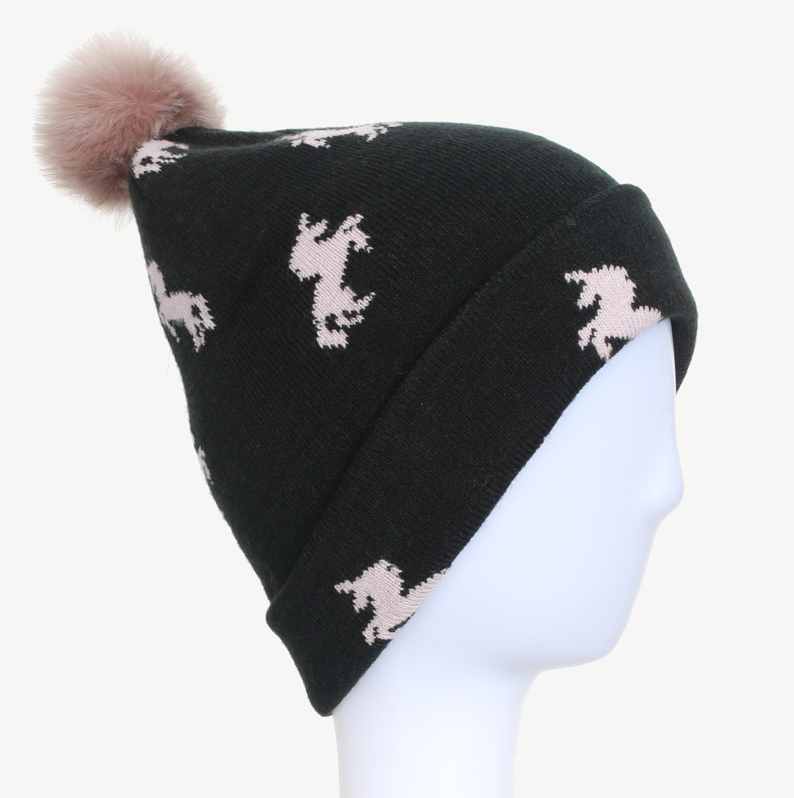 100% Acrylic Horse Jacquard Cuffed Knitted Winter Beanie Hat with colorful pompom